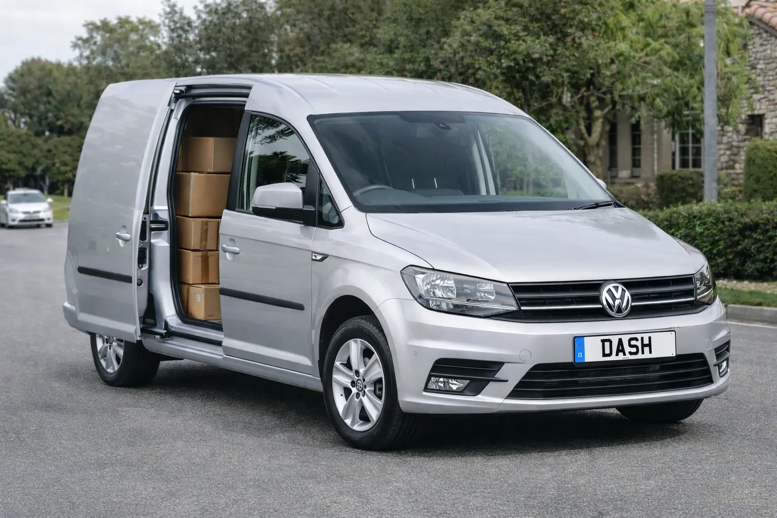 VW Caddy with Dash reg delivering packages