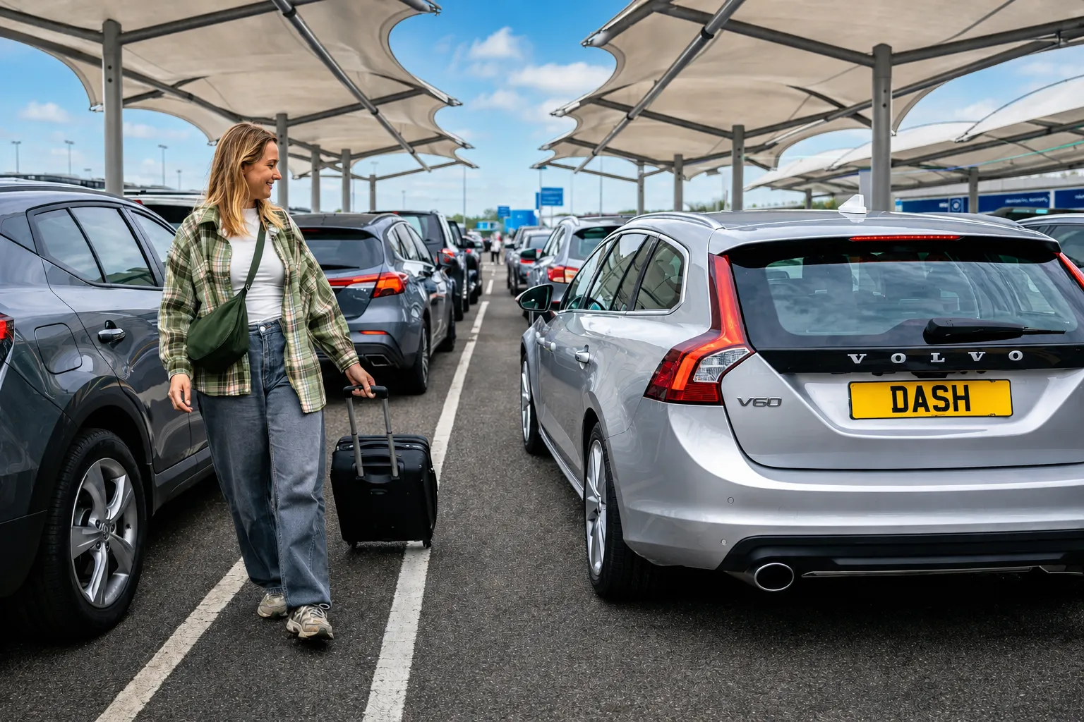 Woman approaching grey Volvo at airport